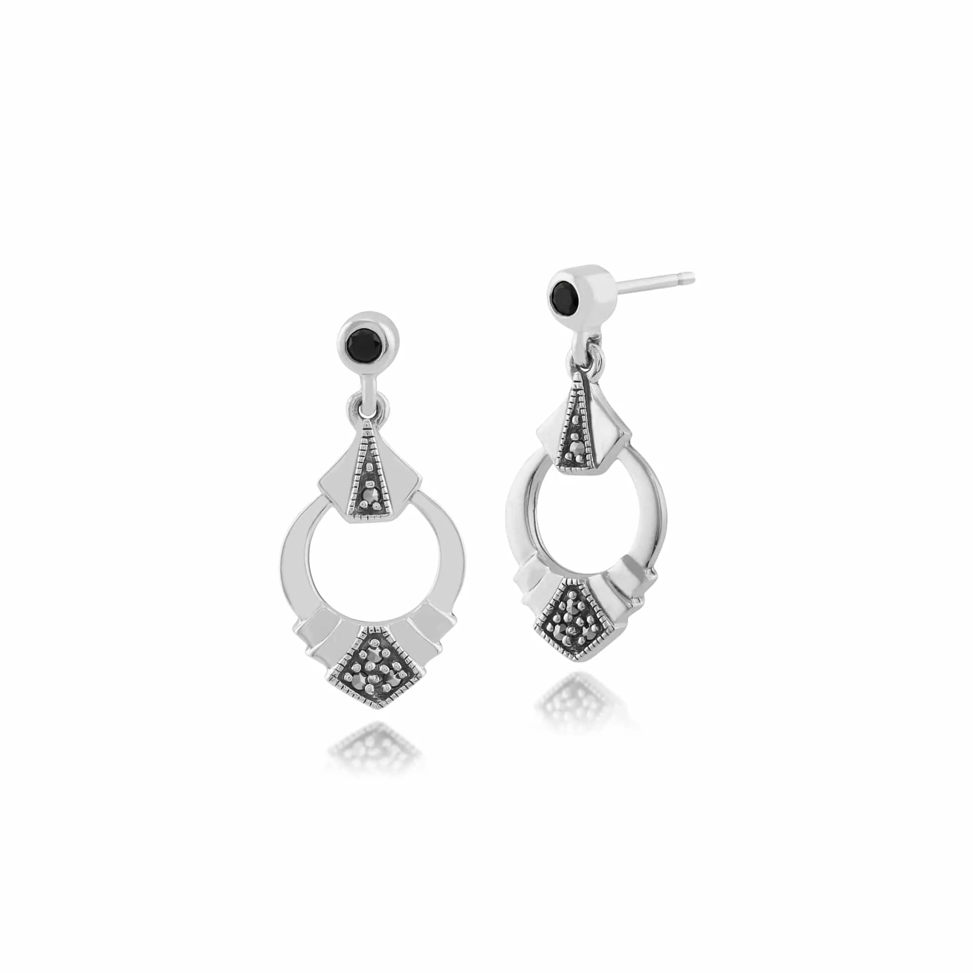 Art Deco Style Black Spinel & Marcasite Ring Drop Earrings in 925 Sterling Silver sold by Gemondo Jewellery