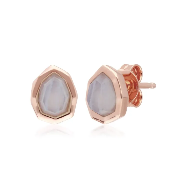 Irregular B Gem Blue Lace Agate Stud Earrings in Rose Gold Plated Silver sold by Gemondo Jewellery