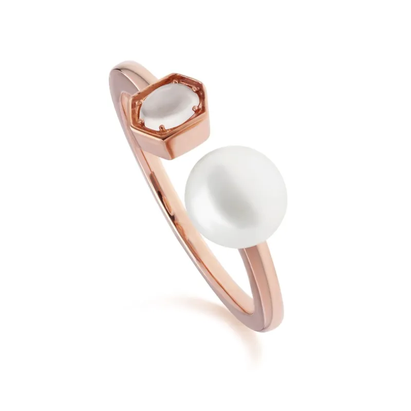 Modern Pearl & Moonstone Open Ring in Rose Gold Plated Silver sold by Gemondo Jewellery