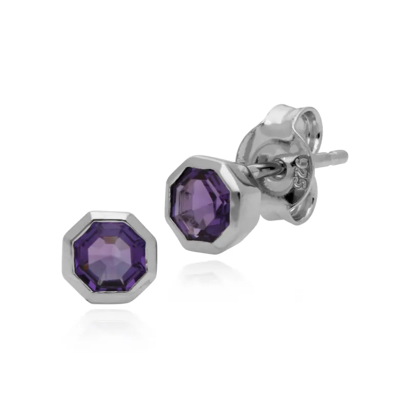 Geometric Octagon Amethyst Silver Stud  Earrings sold by Gemondo Jewellery