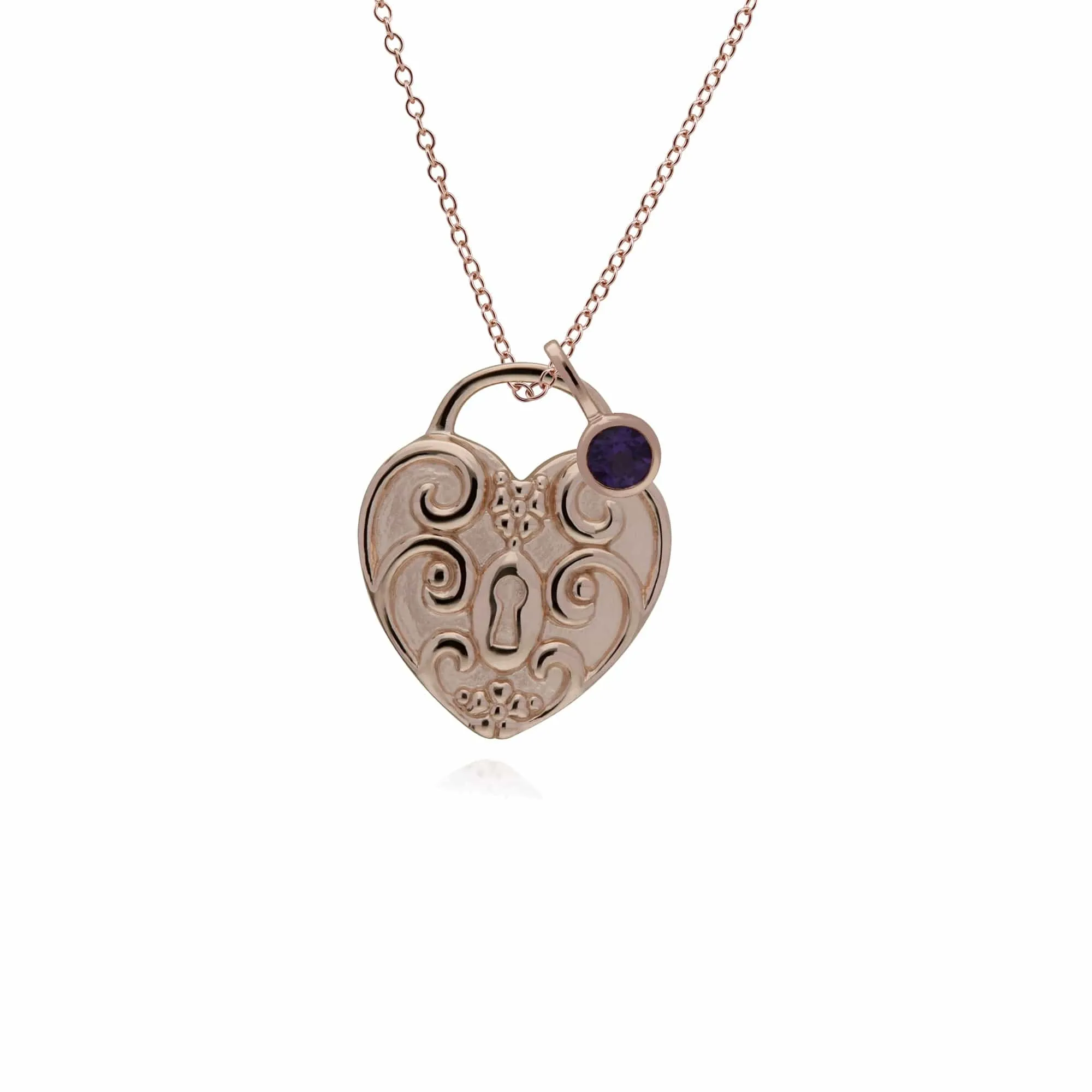Classic Swirl Heart Lock Pendant & Amethyst Charm in Rose Gold Plated 925 Sterling Silver sold by Gemondo Jewellery