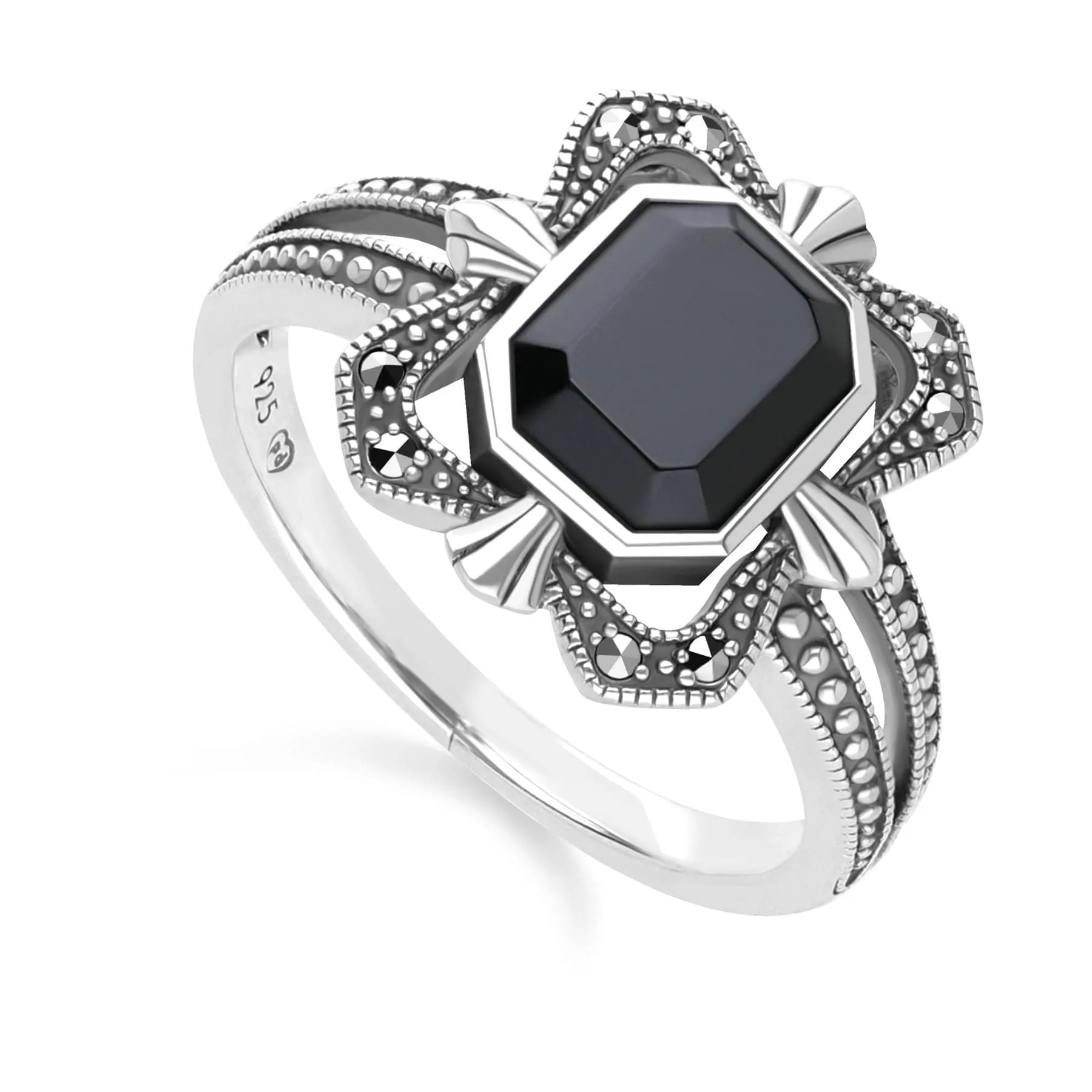 Art Deco Style Baguette Onyx and Marcasite Ring in Sterling Silver sold by Gemondo Jewellery product image thumbnail 3