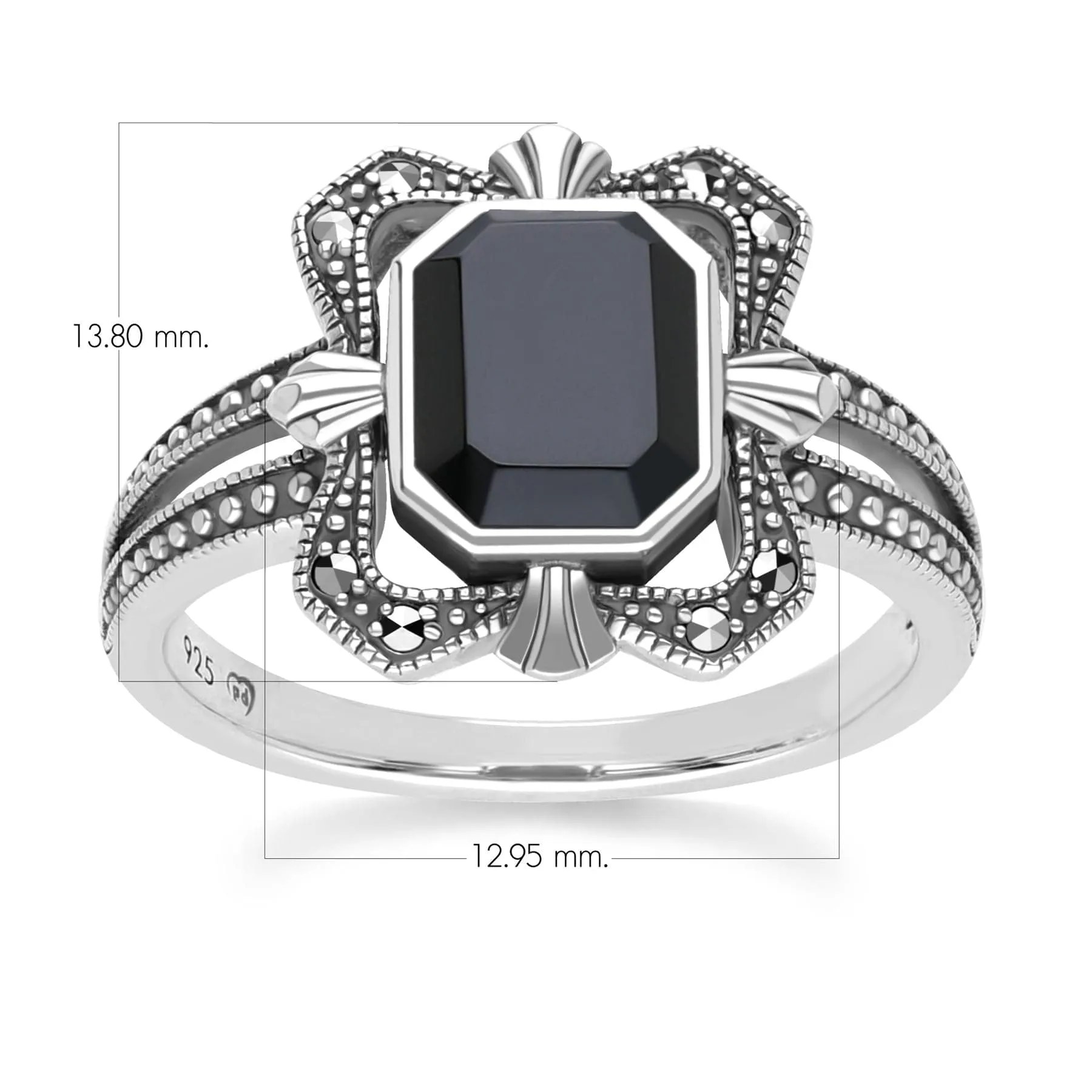 Art Deco Style Baguette Onyx and Marcasite Ring in Sterling Silver sold by Gemondo Jewellery product image thumbnail 4