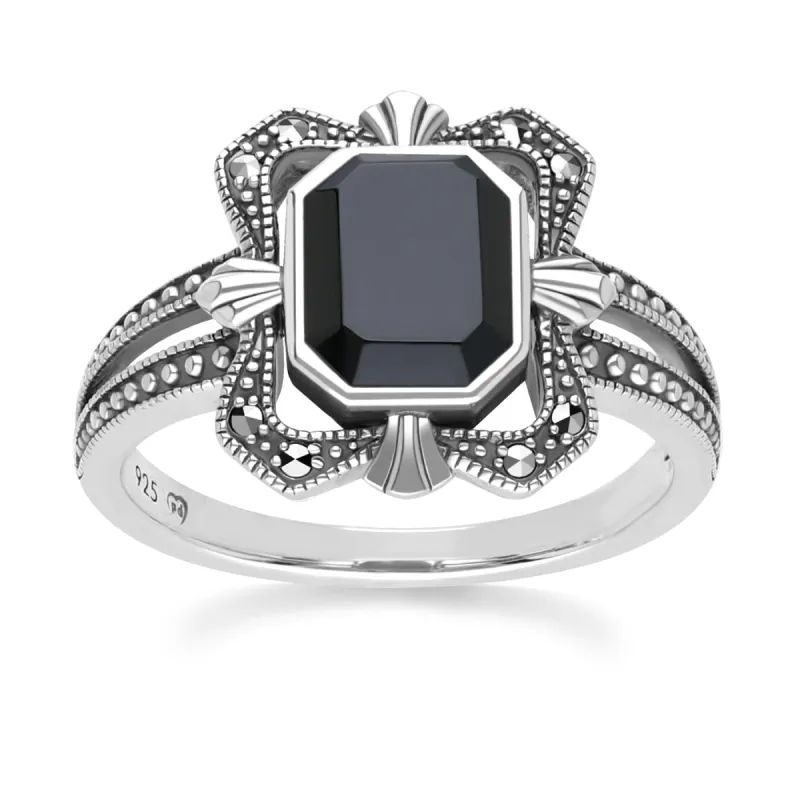Art Deco Style Baguette Onyx and Marcasite Ring in Sterling Silver sold by Gemondo Jewellery