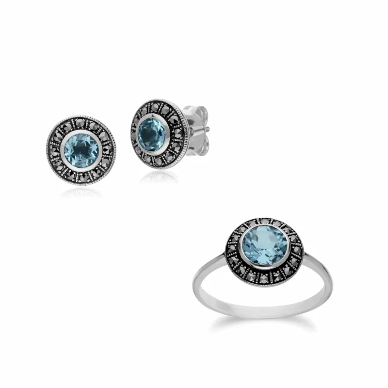 Art Deco Style Oval Blue Topaz and Marcasite Cluster Stud Earrings & Ring Set in 925 Sterling Silver sold by Gemondo Jewellery