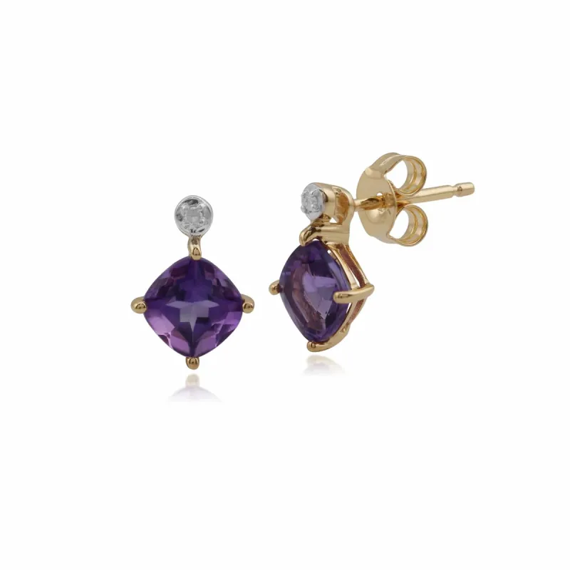 Classic Square Amethyst & Diamond Stud Earrings in 9ct Yellow Gold sold by Gemondo Jewellery