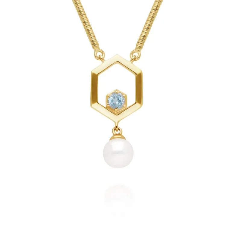 Modern Pearl & Aquamarine Hexagon Drop Necklace in Gold Plated Silver sold by Gemondo Jewellery