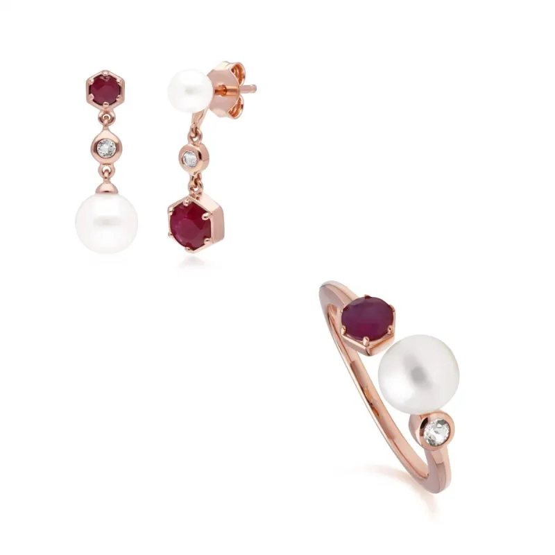 Modern Pearl, Ruby & Topaz Earring & Ring Set in Rose Gold Plated Silver sold by Gemondo Jewellery