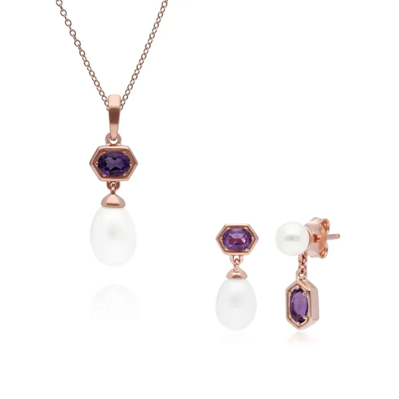 Modern Pearl & Amethyst Pendant & Earring Set in Rose Gold Plated Silver sold by Gemondo Jewellery