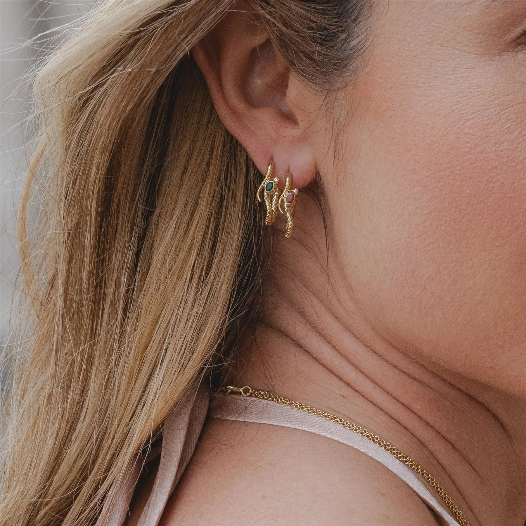 ECFEW™ Carnelian Snake Hoop Earrings in Gold Plated Sterling Silver sold by Gemondo Jewellery product image thumbnail 2