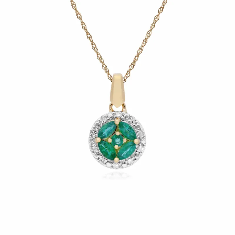 Classic Marquise Emerald & Diamond Halo Cluster Pendant in 9ct Yellow Gold sold by Gemondo Jewellery
