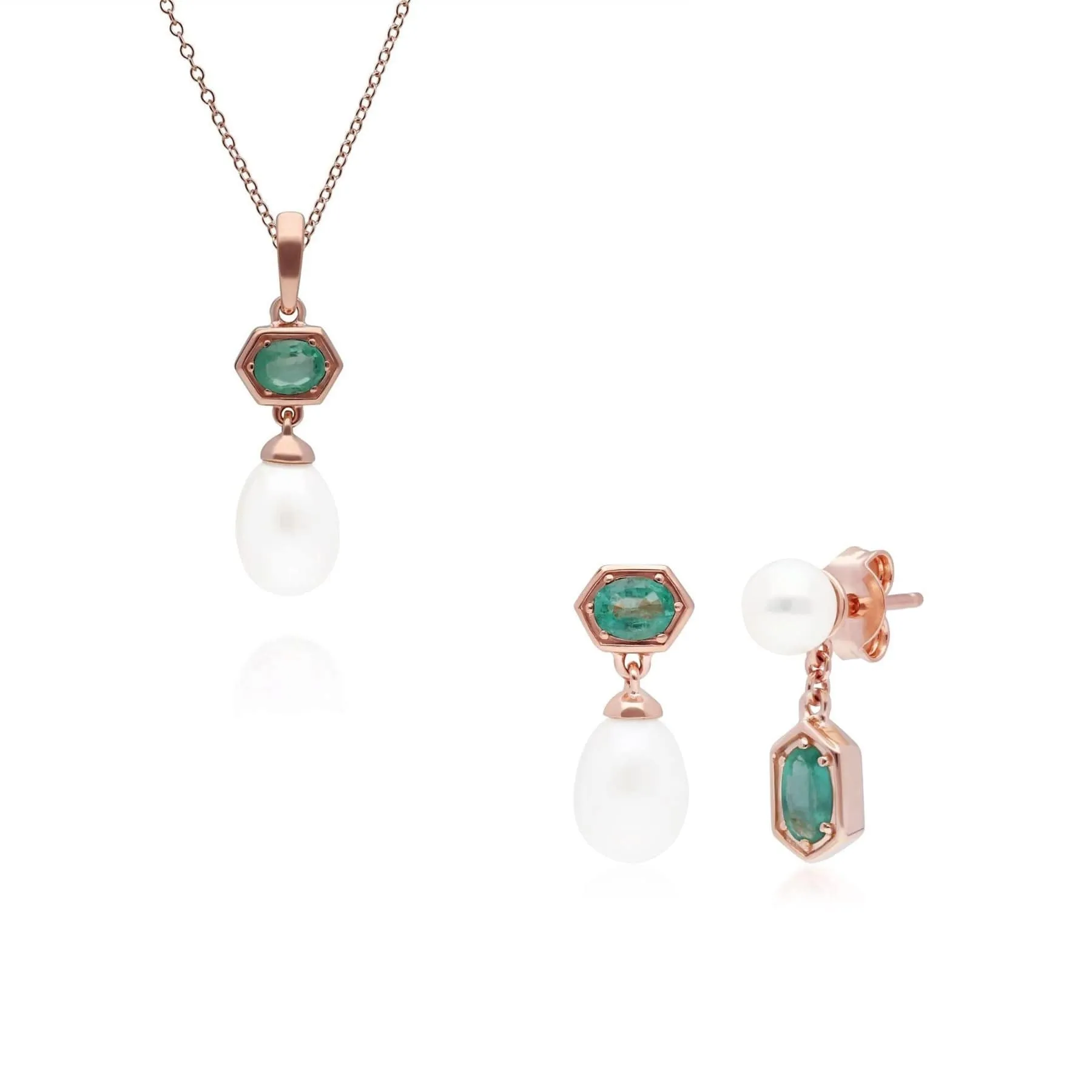 Modern Pearl & Emerald Pendant & Earring Set in Rose Gold Plated Silver sold by Gemondo Jewellery