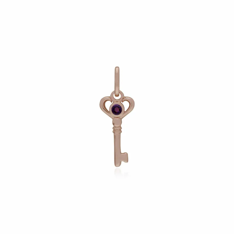 Rose Gold Plated Sterling Silver Amethyst Small Key Charm sold by Gemondo Jewellery