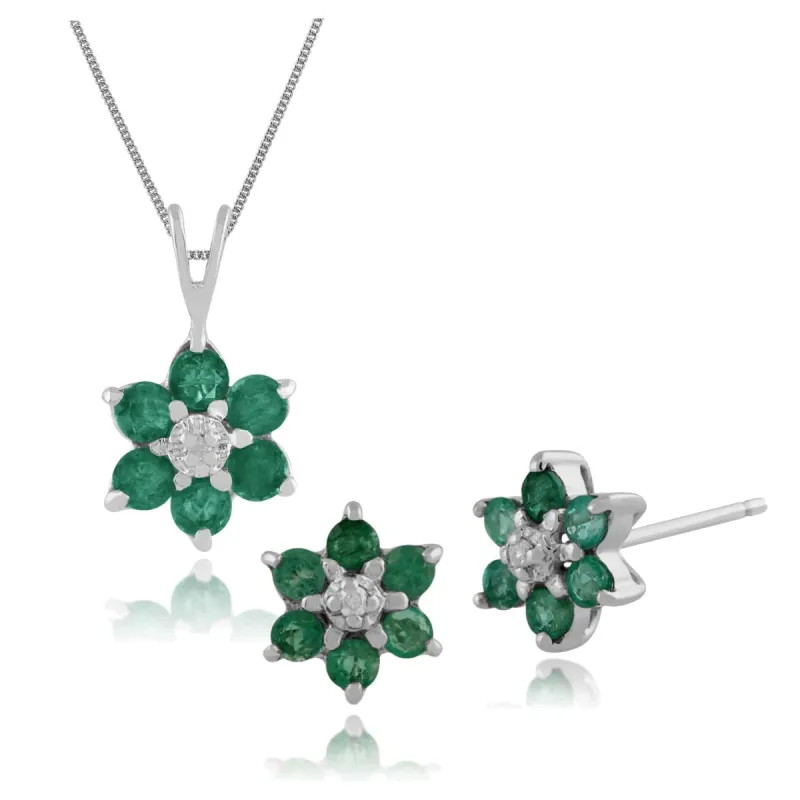 Floral Round Emerald & Diamond Flower Cluster Stud Earrings & Pendant Set in 9ct White Gold sold by Gemondo Jewellery