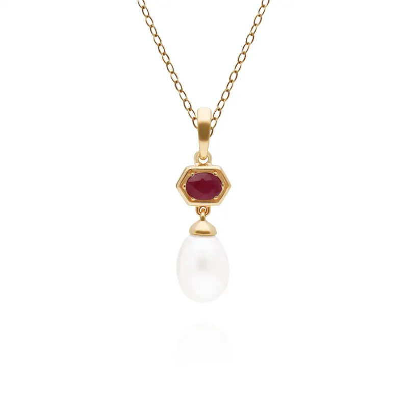 Modern Pearl & Ruby Hexagon Drop Pendant in Gold Plated Silver sold by Gemondo Jewellery