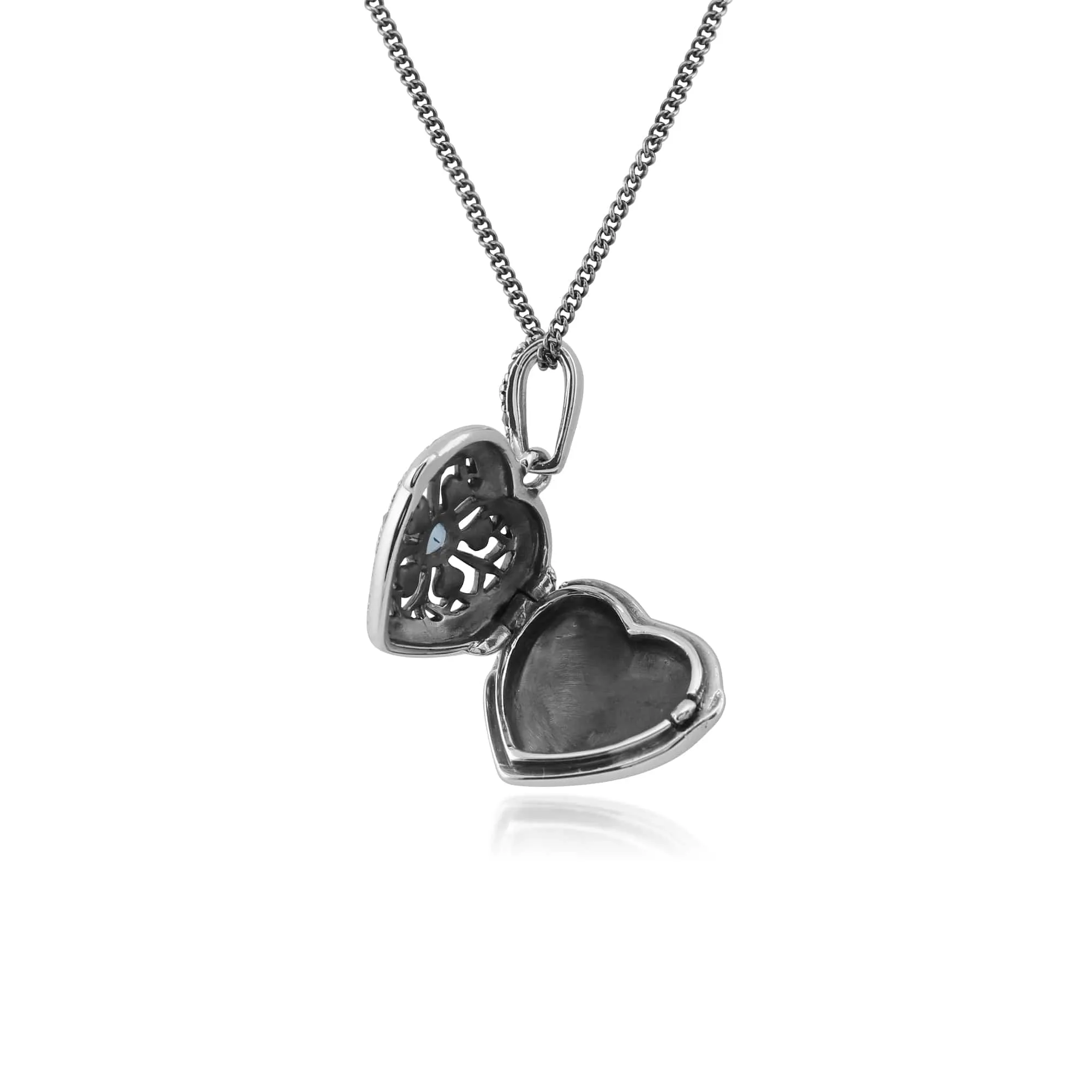 Art Nouveau Style Round Blue Topaz & Marcasite Heart Necklace in 925 Sterling Silver sold by Gemondo Jewellery product image thumbnail 3