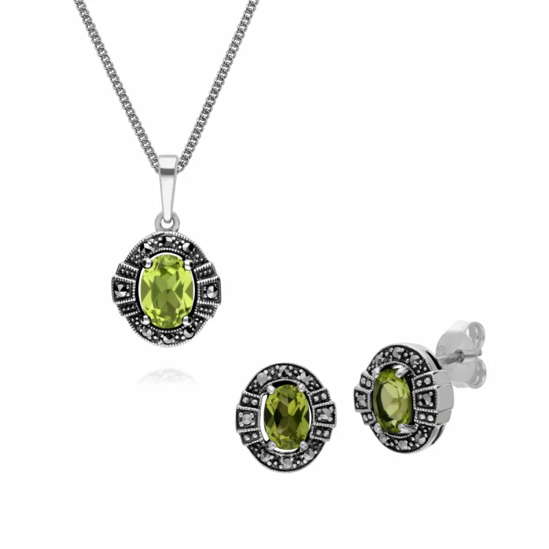 Art Deco Style Oval Garnet and Marcasite Cluster Ring & Pendant Set in 925 Sterling Silver sold by Gemondo Jewellery