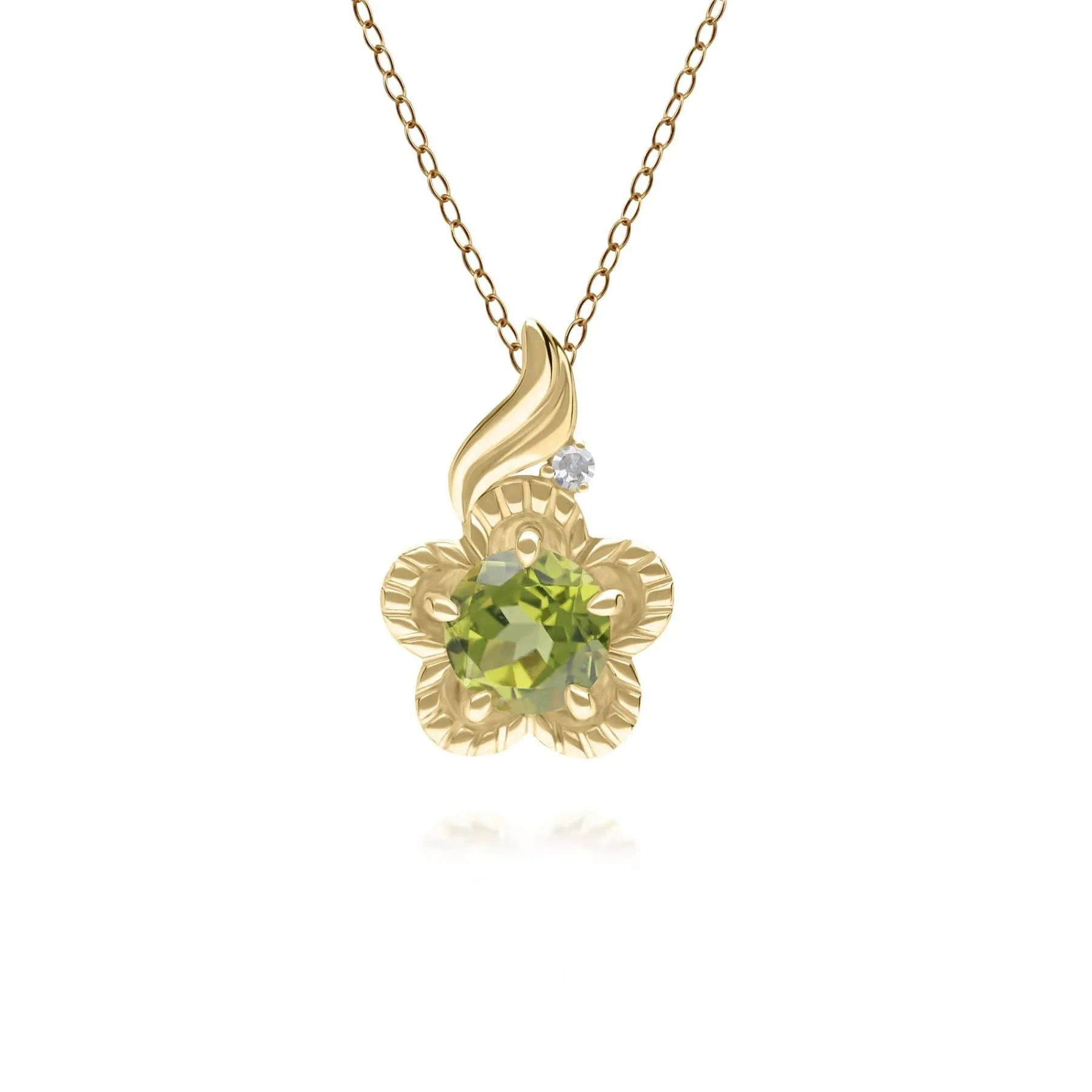 Floral Round Peridot & Diamond Pendant in 9ct Yellow Gold sold by Gemondo Jewellery