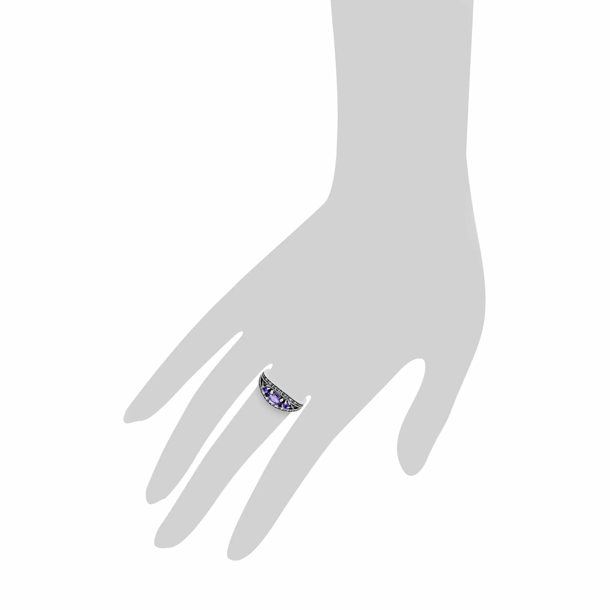 Art Deco Style Oval Amethyst & Marcasite Three Stone Ring in 925 Sterling Silver sold by Gemondo Jewellery product image thumbnail 3