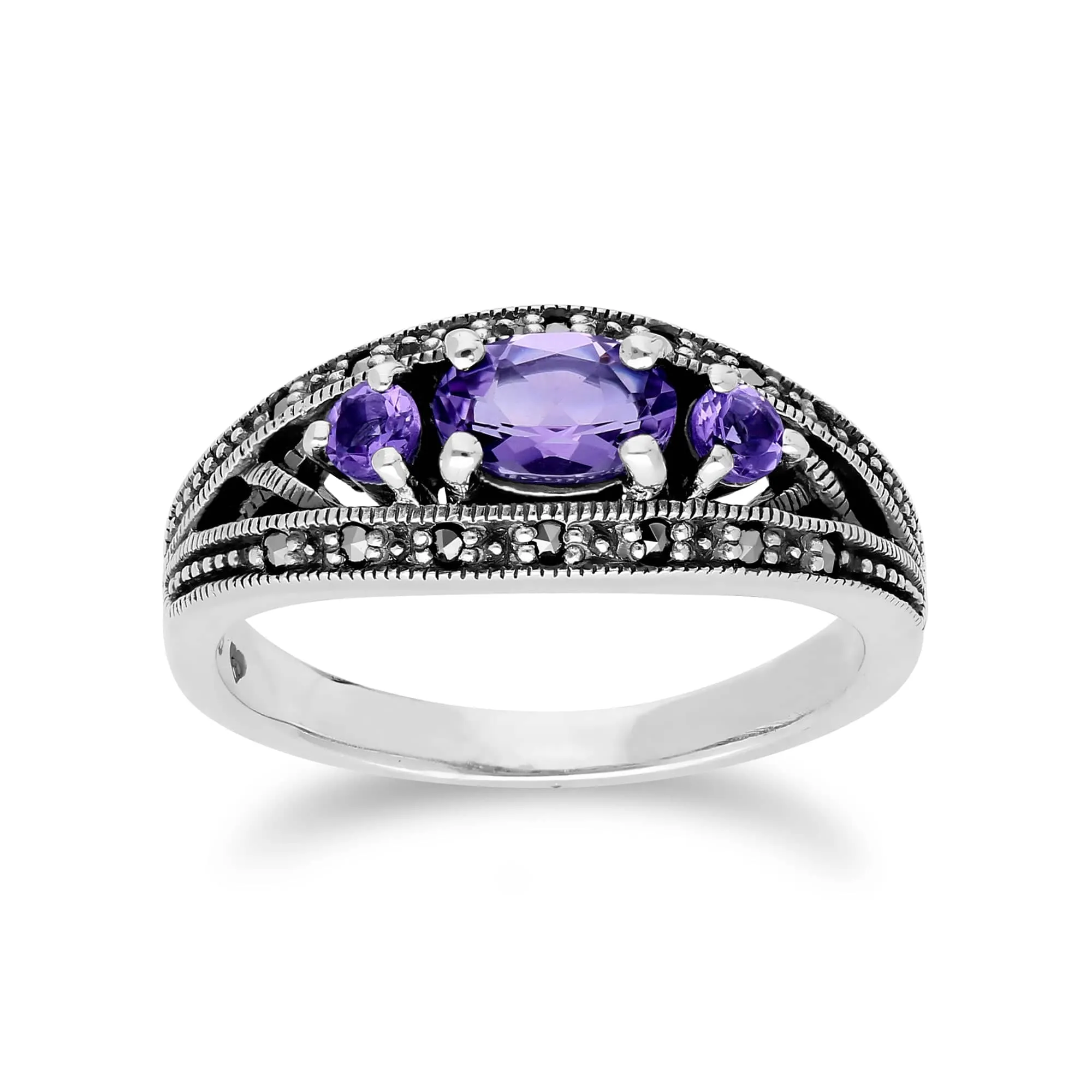 Art Deco Style Oval Amethyst & Marcasite Three Stone Ring in 925 Sterling Silver sold by Gemondo Jewellery