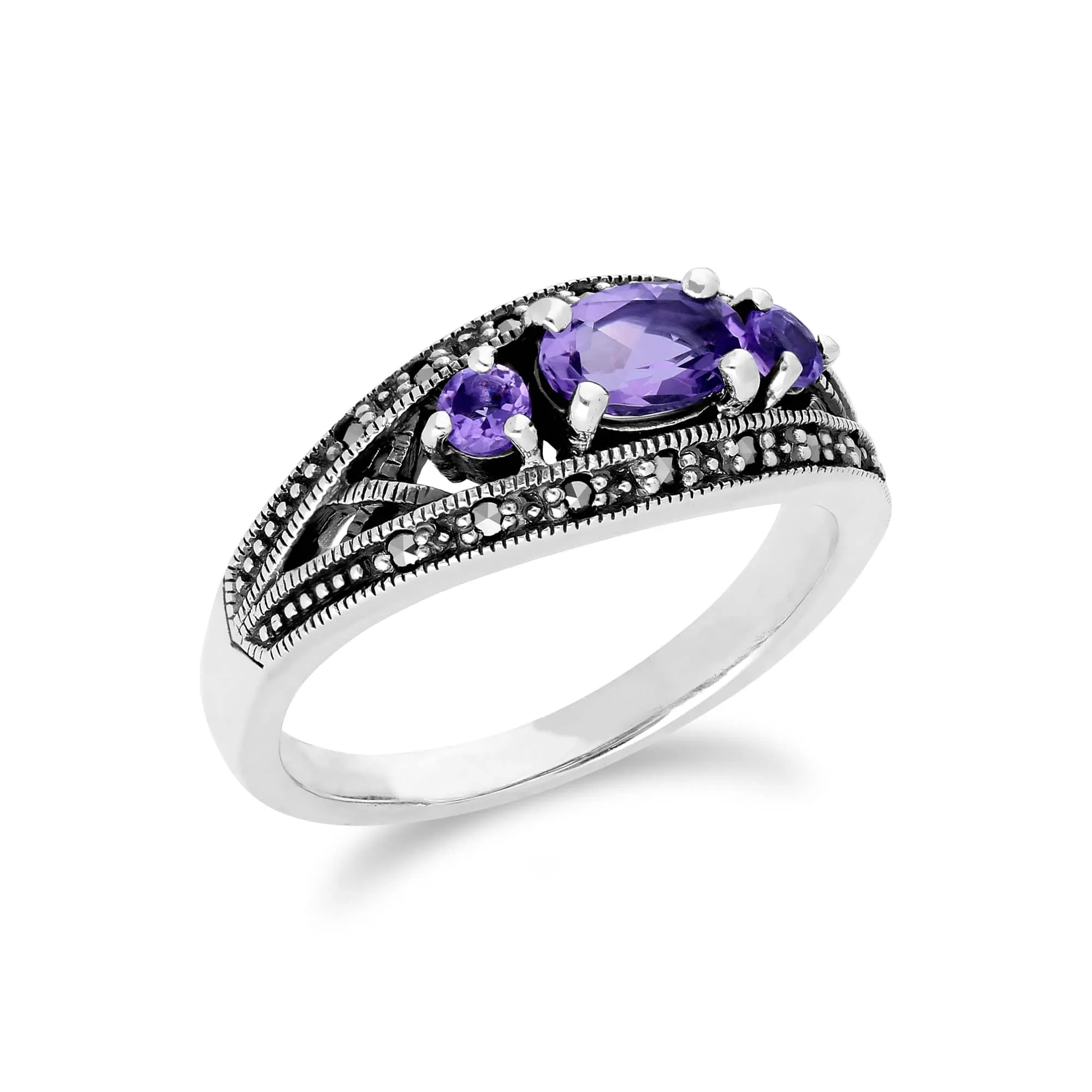 Art Deco Style Oval Amethyst & Marcasite Three Stone Ring in 925 Sterling Silver sold by Gemondo Jewellery product image thumbnail 2