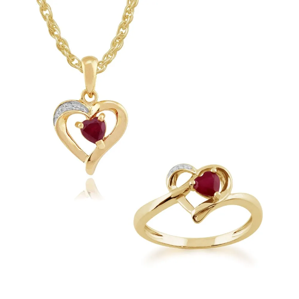Classic Round Ruby & Diamond Heart Pendant & Ring Set in 9ct Yellow Gold sold by Gemondo Jewellery