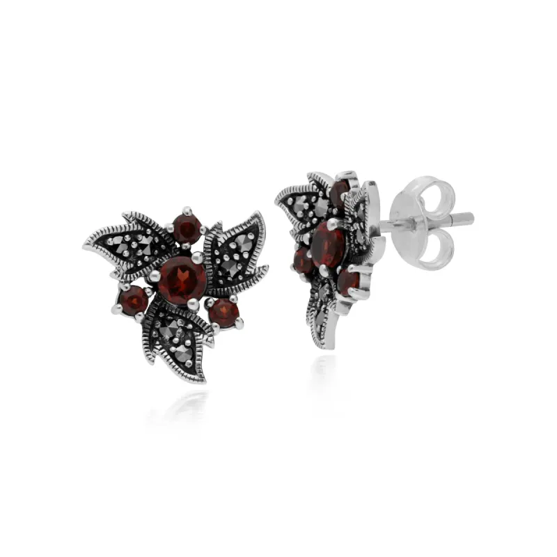 Art Nouveau Style Round Garnet & Marcasite Leaves Stud Earrings in 925 Sterling Silver sold by Gemondo Jewellery