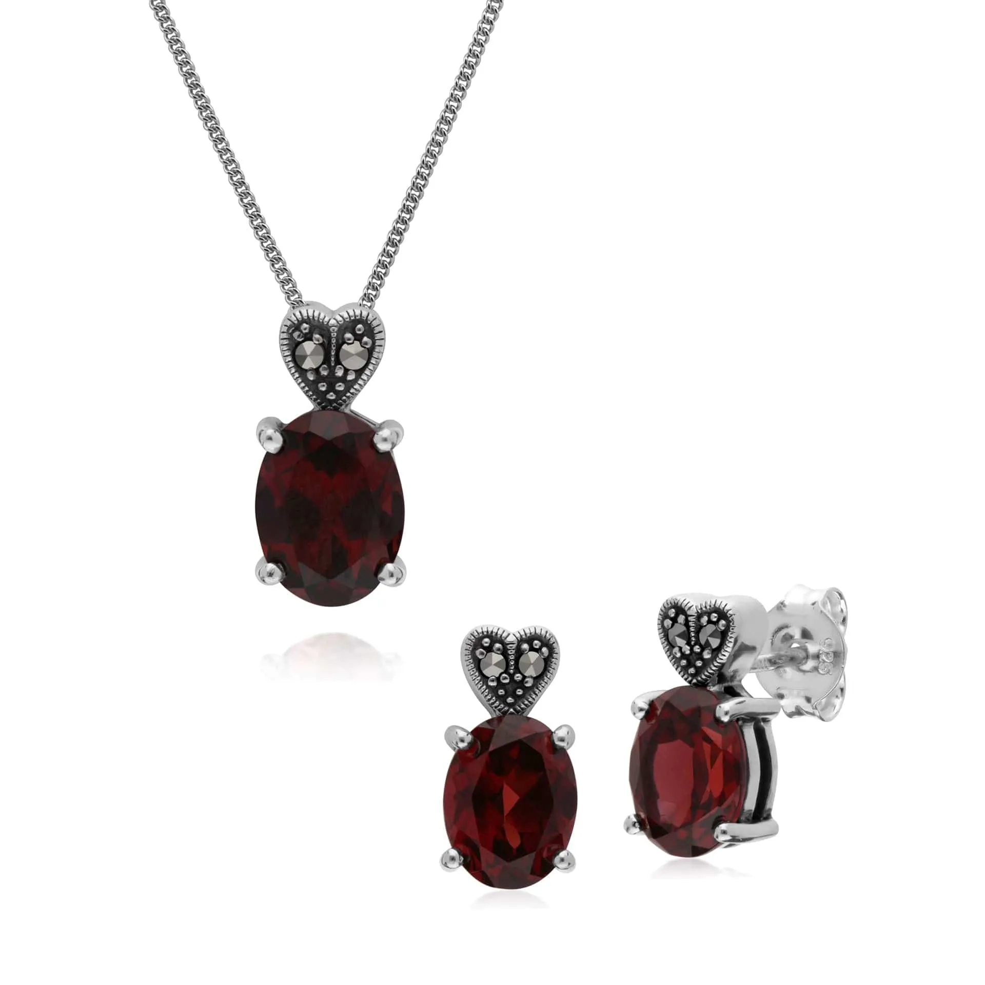 Art Deco Style Oval Garnet & Marcasite Oval Stud Earrings & Necklace Set in 925 Sterling Silver sold by Gemondo Jewellery