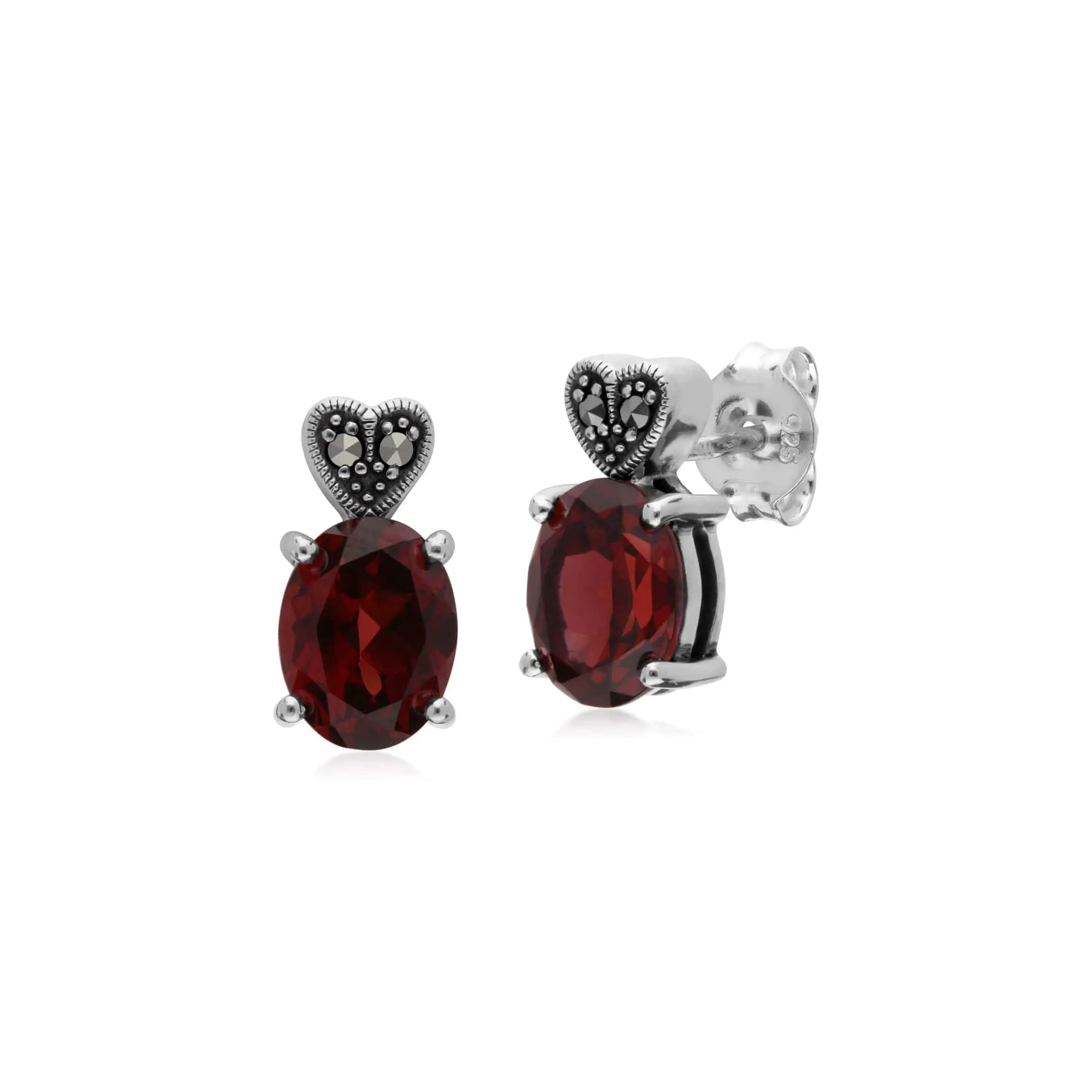 Art Deco Style Oval Garnet & Marcasite Oval Stud Earrings & Necklace Set in 925 Sterling Silver sold by Gemondo Jewellery product image thumbnail 2
