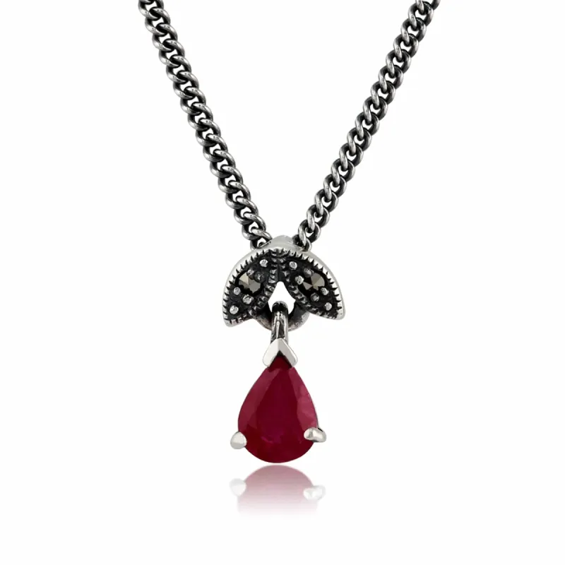 Art Nouveau Style Pear Ruby & Marcasite Pendant in 925 Sterling Silver sold by Gemondo Jewellery