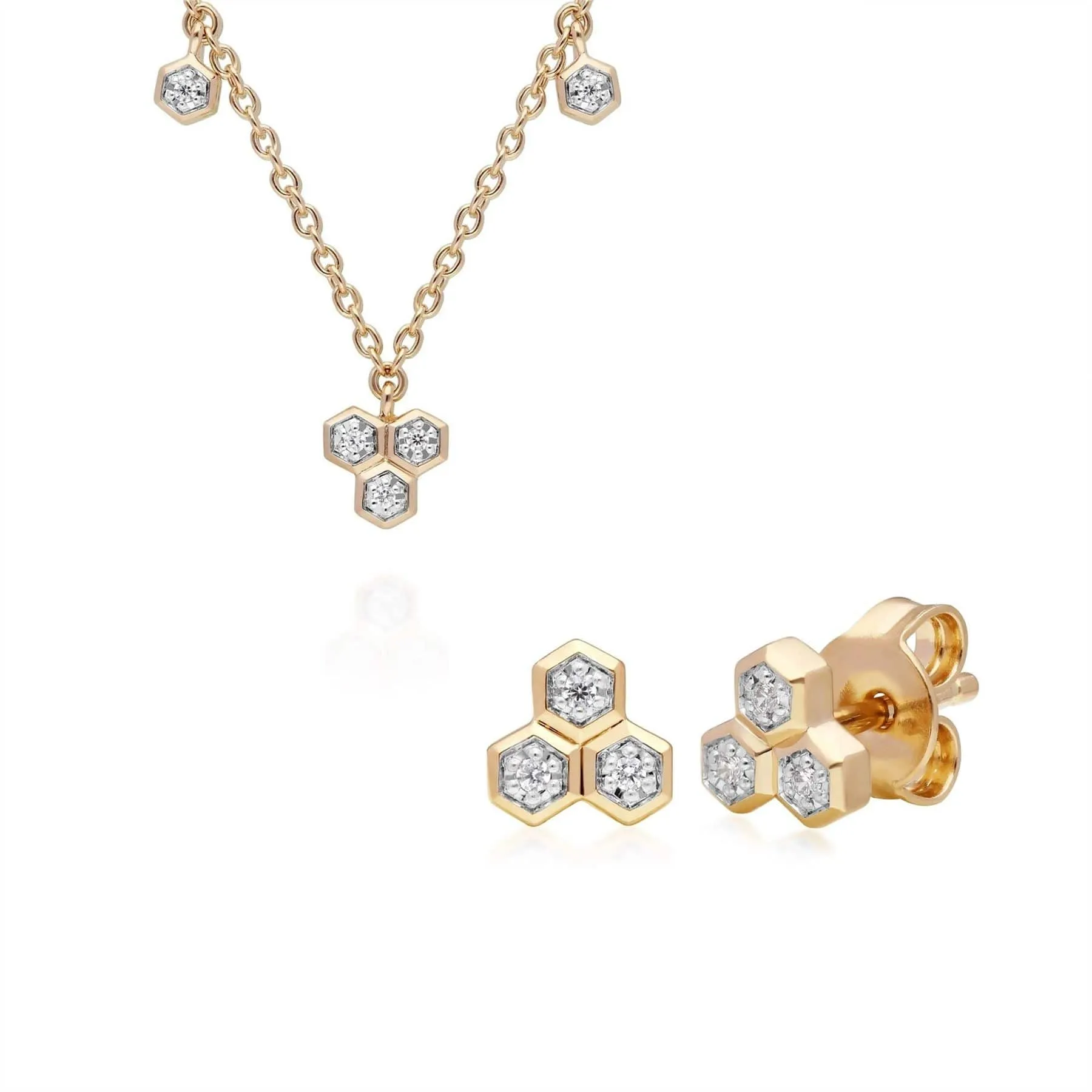 Diamond Trilogy Necklace & Stud Earring Set in 9ct Yellow Gold sold by Gemondo Jewellery