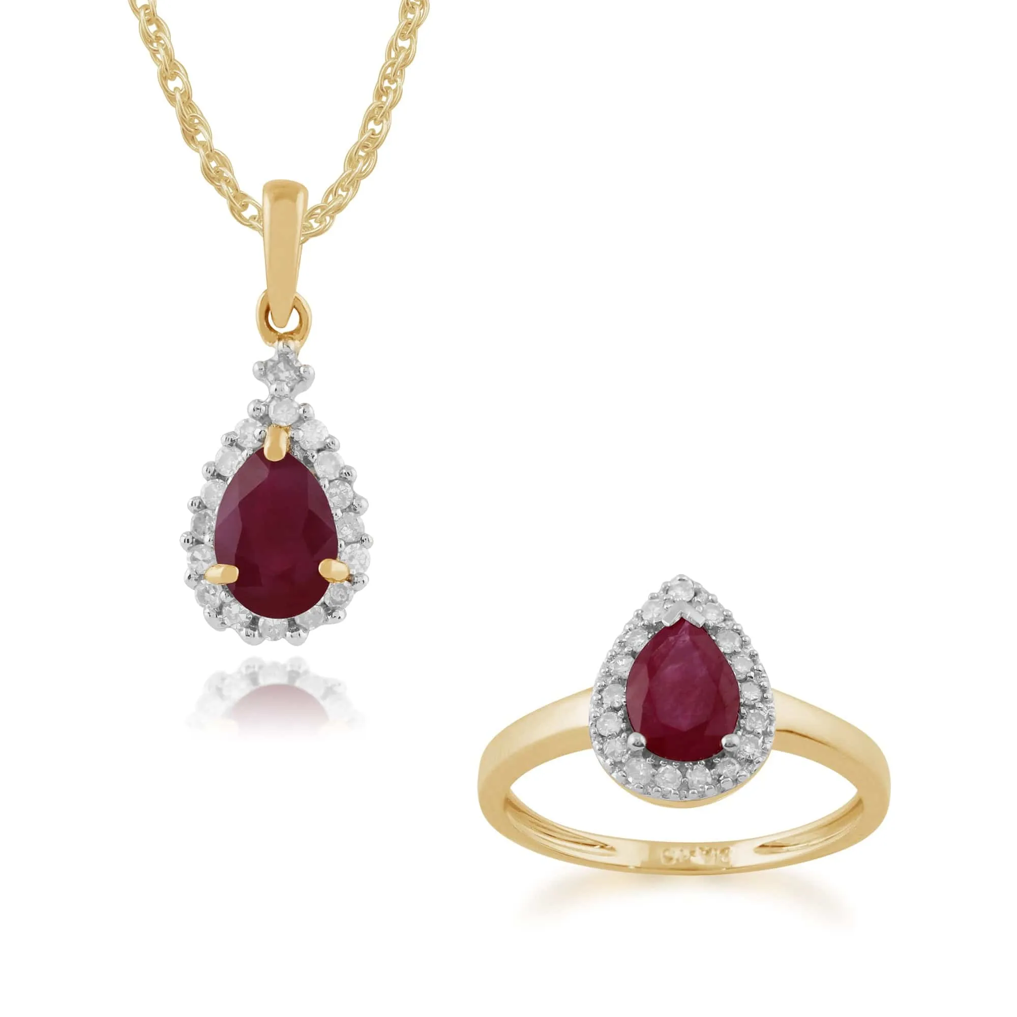 Classic Pear Ruby & Diamond Halo Pendant & Ring Set in 9ct Yellow Gold sold by Gemondo Jewellery