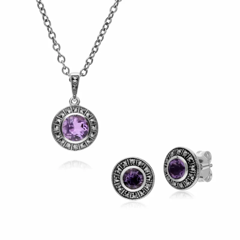 Art Deco Style Round Amethyst and Marcasite Cluster Stud Earrings & Pendant Set in 925 Sterling Silver sold by Gemondo Jewellery