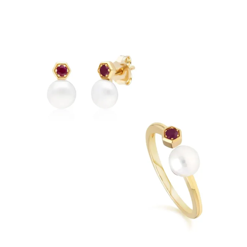 Modern Pearl & Ruby Earring & Ring Set in 9ct Gold sold by Gemondo Jewellery