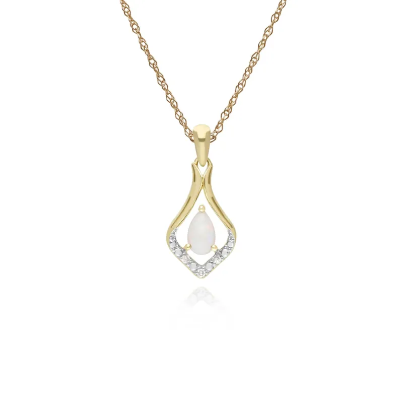 Classic Pear Opal & Three Diamond Leaf Halo Pendant in 9ct Yellow Gold sold by Gemondo Jewellery