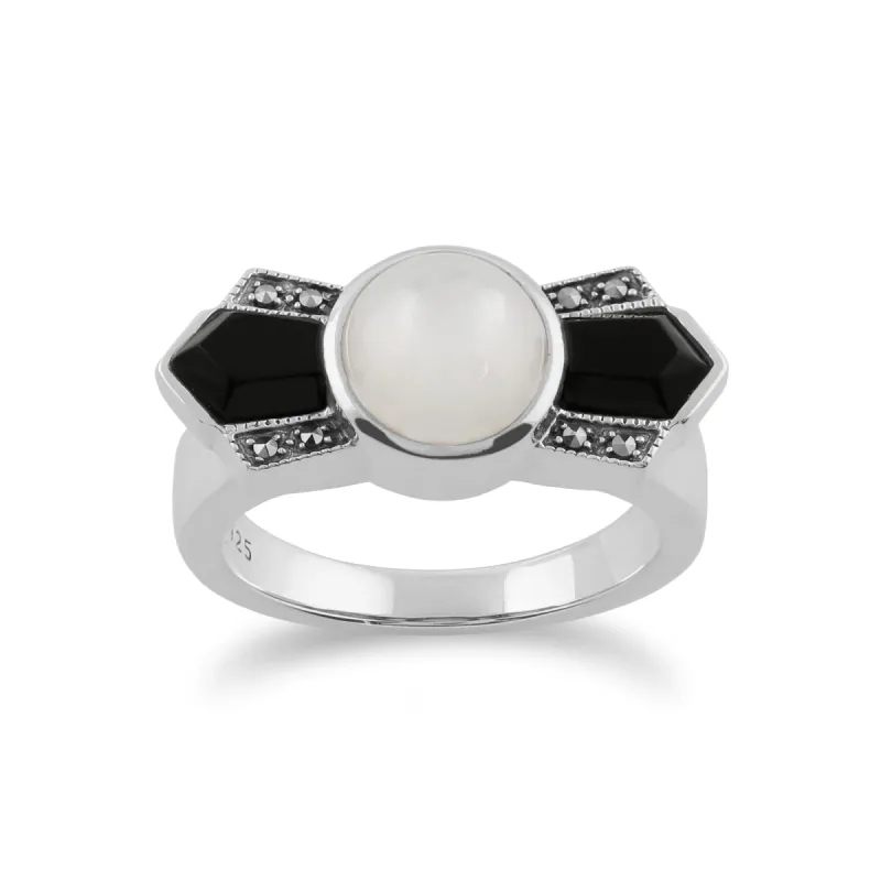 Gemondo Sterling Silver Art Deco Black Onyx, Mother of Pearl & Marcasite Ring sold by Gemondo Jewellery