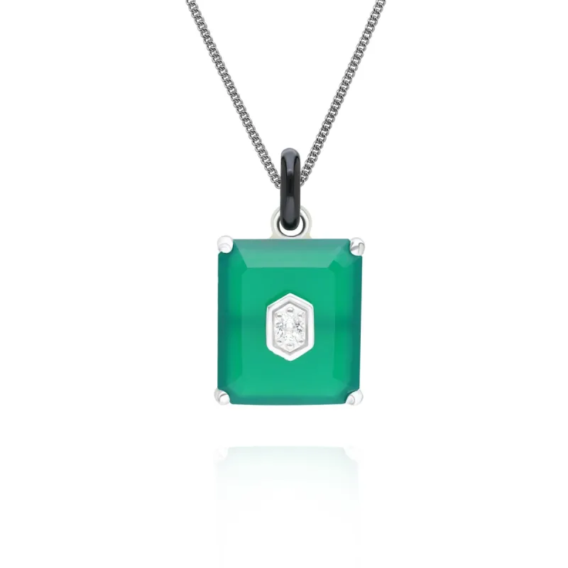 Grand Deco Black Enamel, Green Chalcedony & Topaz Pendant in Sterling Silver sold by Gemondo Jewellery