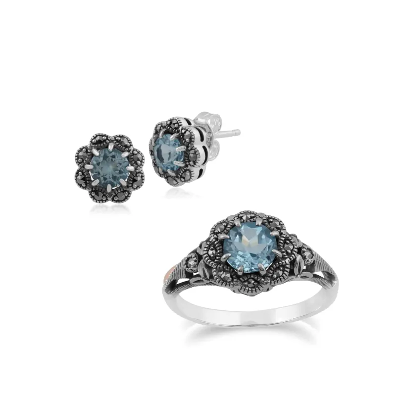 Art Nouveau Style Style Round Blue Topaz & Marcasite Floral Stud Earrings & Ring Set in 925 Sterling Silver sold by Gemondo Jewellery