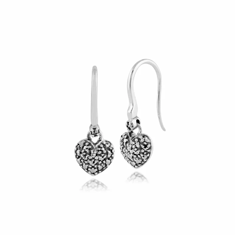 Classic Round Marcasite Heart Drop Earrings in 925 Sterling Silver sold by Gemondo Jewellery
