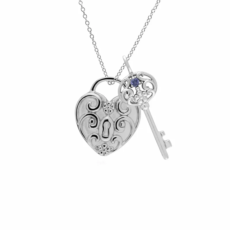 Classic Swirl Heart Lock Pendant & Tanzanite Big Key Charm in 925 Sterling Silver sold by Gemondo Jewellery