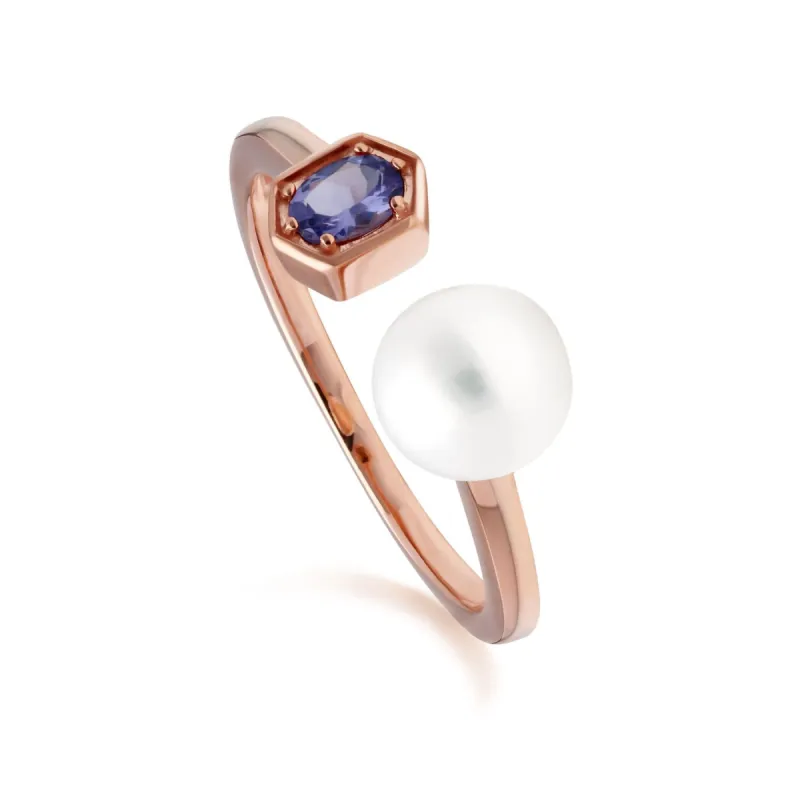 Modern Pearl & Tanzanite Open Ring in Rose Gold Plated Silver sold by Gemondo Jewellery
