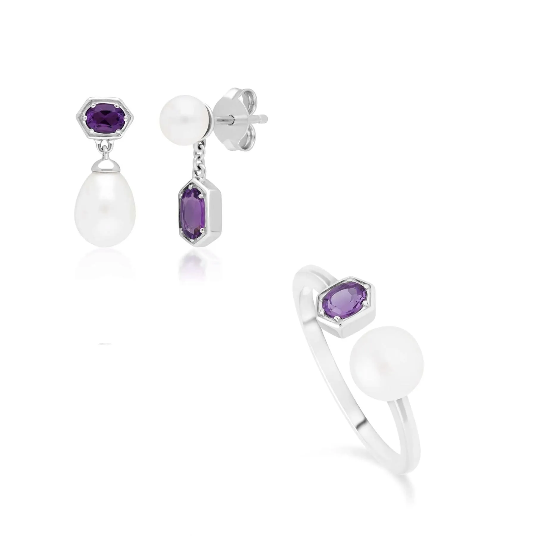 Modern Pearl & Amethyst Ring & Drop Earring Set in Sterling Silver sold by Gemondo Jewellery