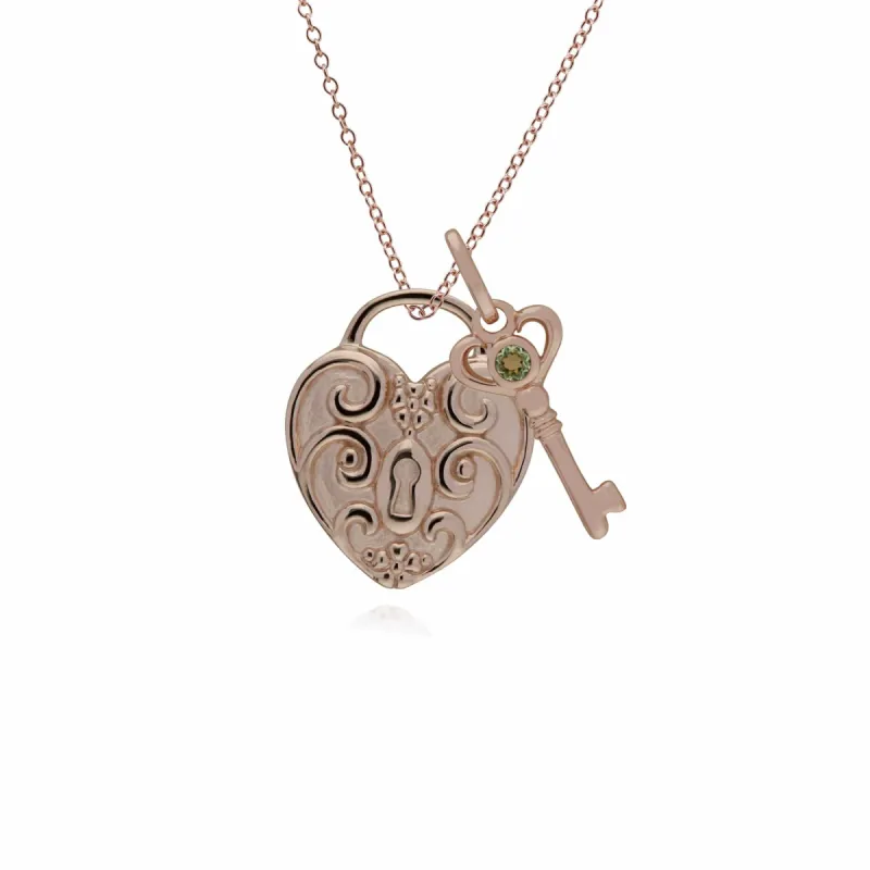 Classic Swirl Heart Lock Pendant & Peridot Key Charm in Rose Gold Plated 925 Sterling Silver sold by Gemondo Jewellery
