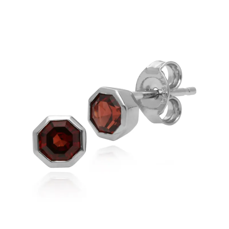 Geometric Octagon Garnet Bezel Set Stud Earrings in 925 Silver sold by Gemondo Jewellery