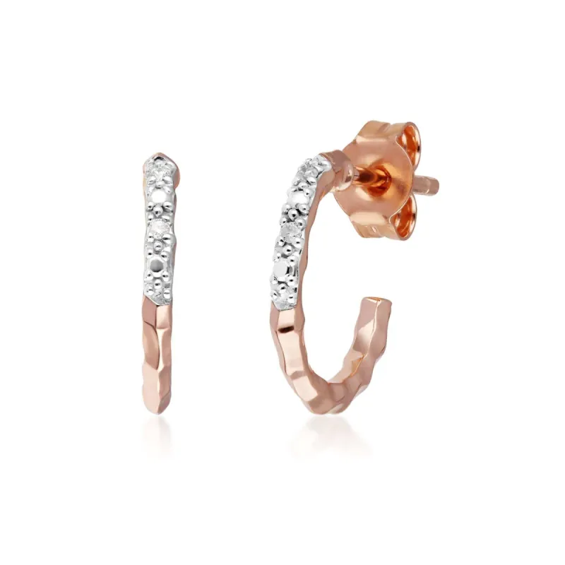 Diamond Pavé Hammered Mini Hoop Earrings in 9ct Rose Gold sold by Gemondo Jewellery