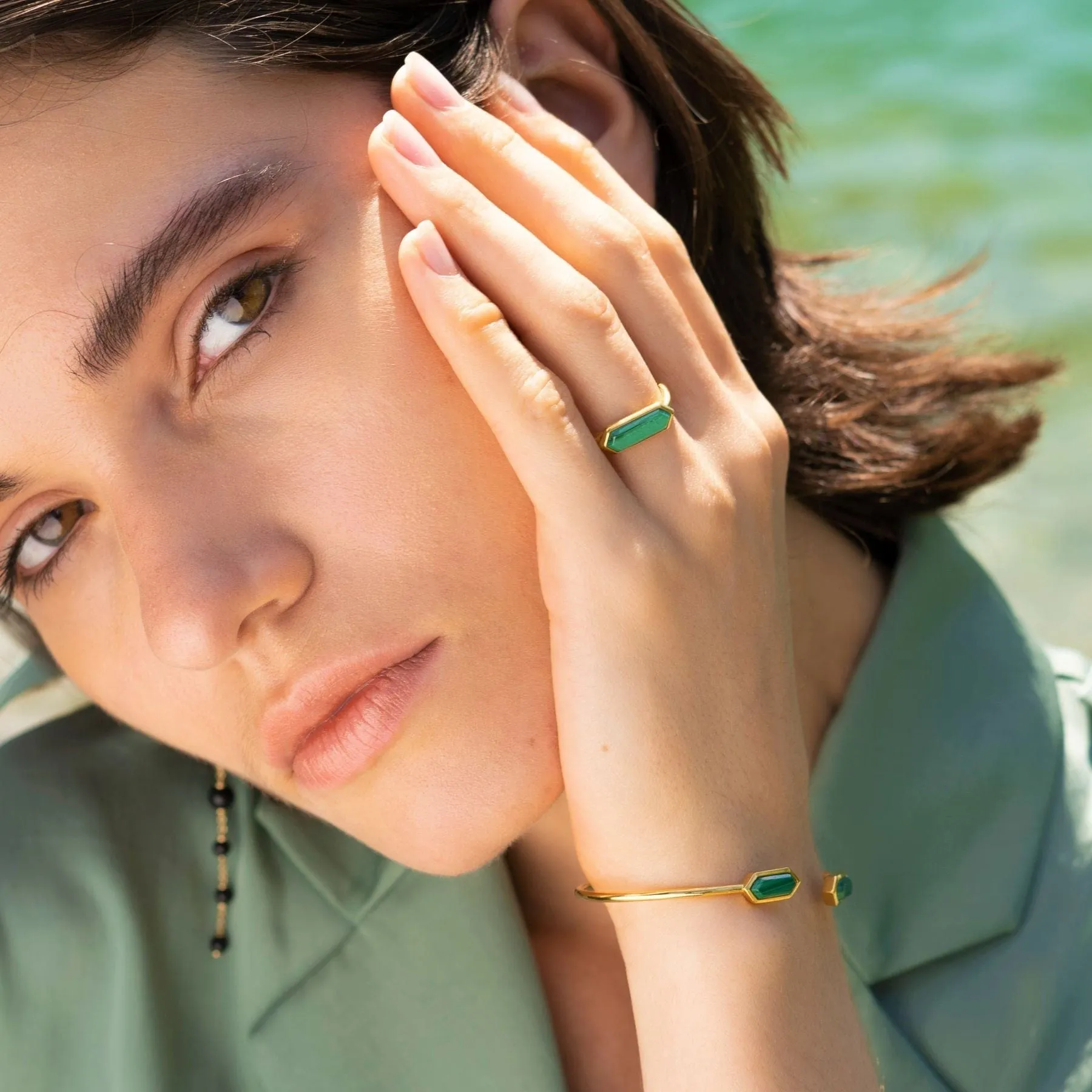 Geometric Hexagon Malachite Prism Ring in Gold Plated Silver sold by Gemondo Jewellery product image thumbnail 2