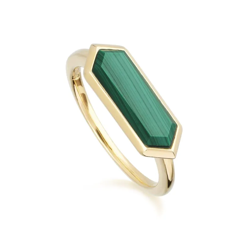 Geometric Hexagon Malachite Prism Ring in Gold Plated Silver sold by Gemondo Jewellery