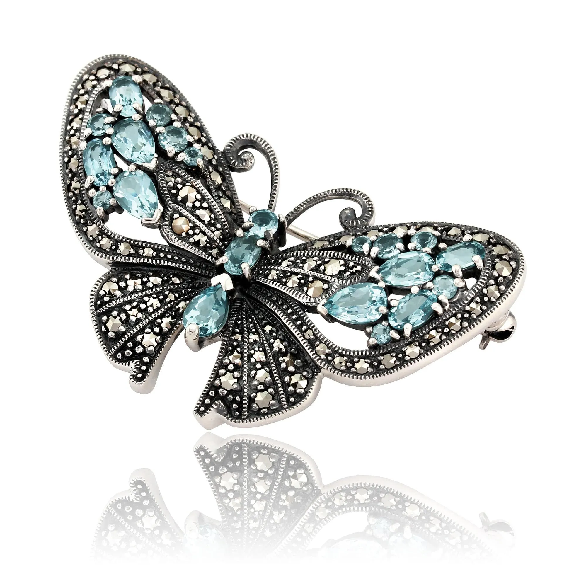 Art Nouveau Style Marquise Blue Topaz & Marcasite Butterfly Brooch in 925 Sterling Silver sold by Gemondo Jewellery product image thumbnail 2