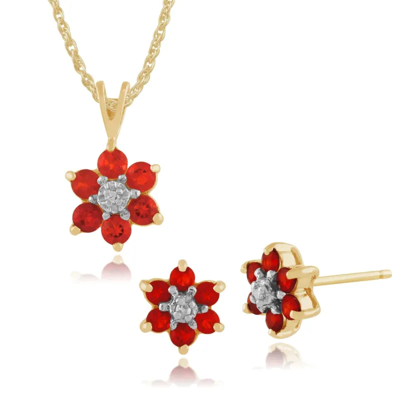 Floral Round Fire Opal & Diamond Flower Stud Earrings & Pendant Set in 9ct Yellow Gold sold by Gemondo Jewellery