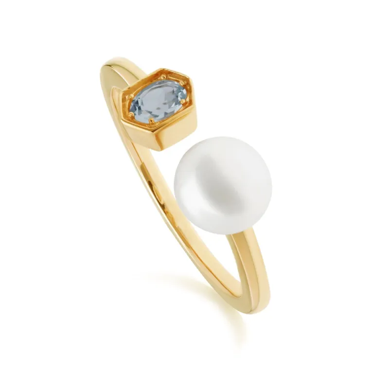 Modern Pearl & Blue Topaz Open Ring in Gold Plated Silver sold by Gemondo Jewellery